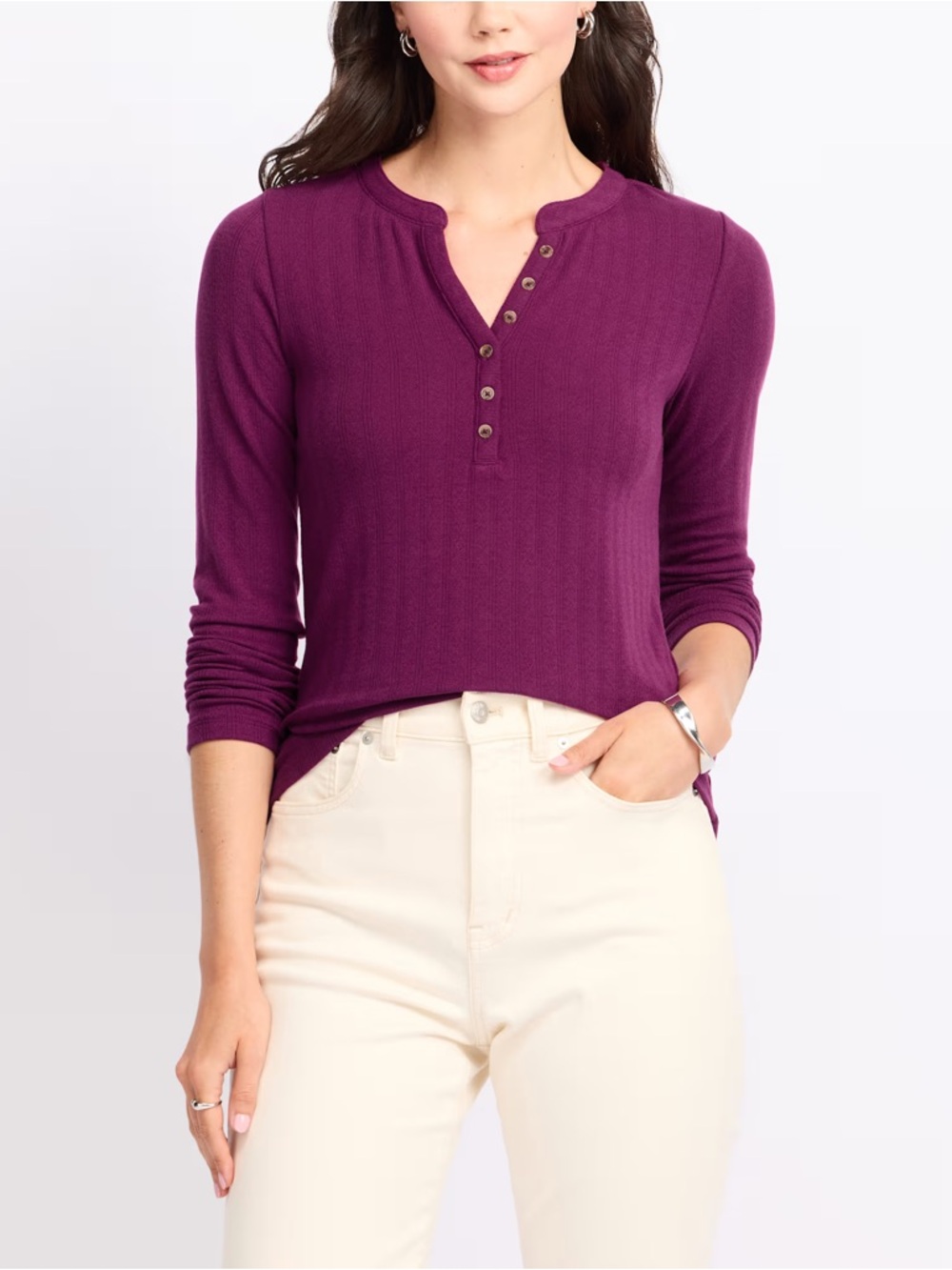 Market & Spruce (Stitch Fix) Janice Pointelle Henley Knit Top in Purple Large